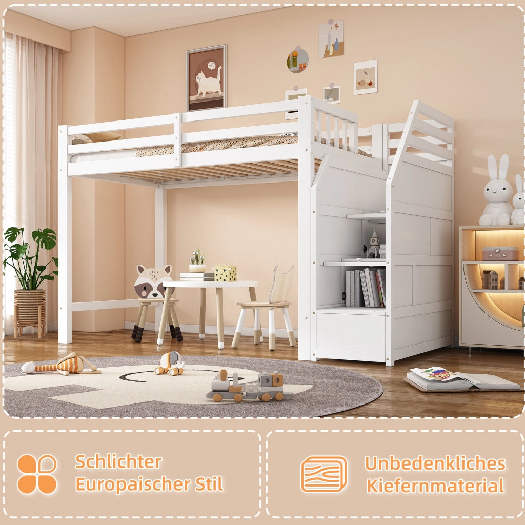 Letto a soppalco 90x200 cm con scala contenitore, bianco