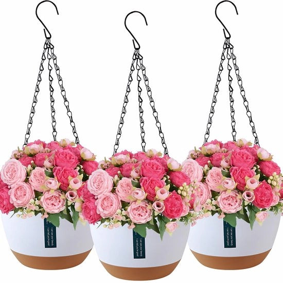 Set di 3 vasi da giardino appesi per interni ed esterni, vasi da giardino appesi per piante, vasi da giardino con fori di drenaggio e ciotole, vasi da giardino appesi per giardino e balcone (bianco)