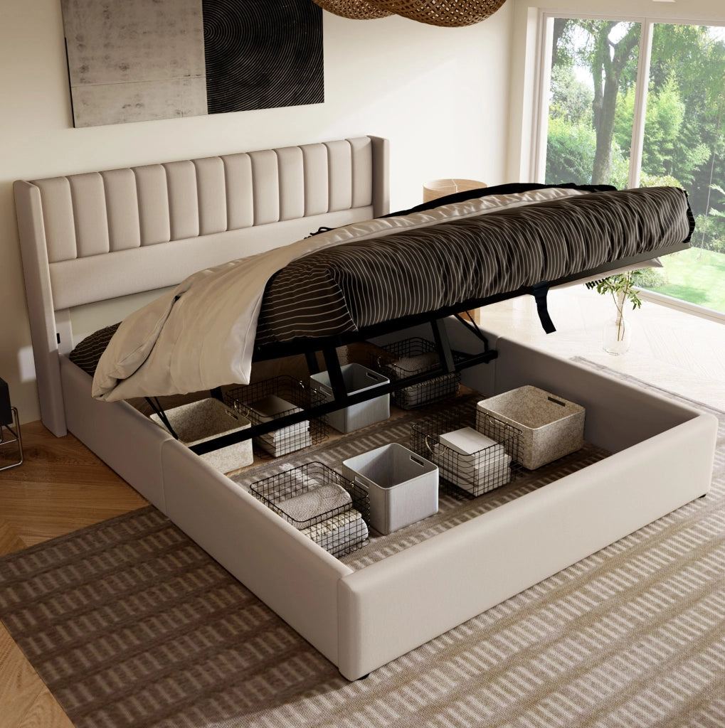 Letto matrimoniale contenitore 180x200 cm con apertura idraulica; lino; beige