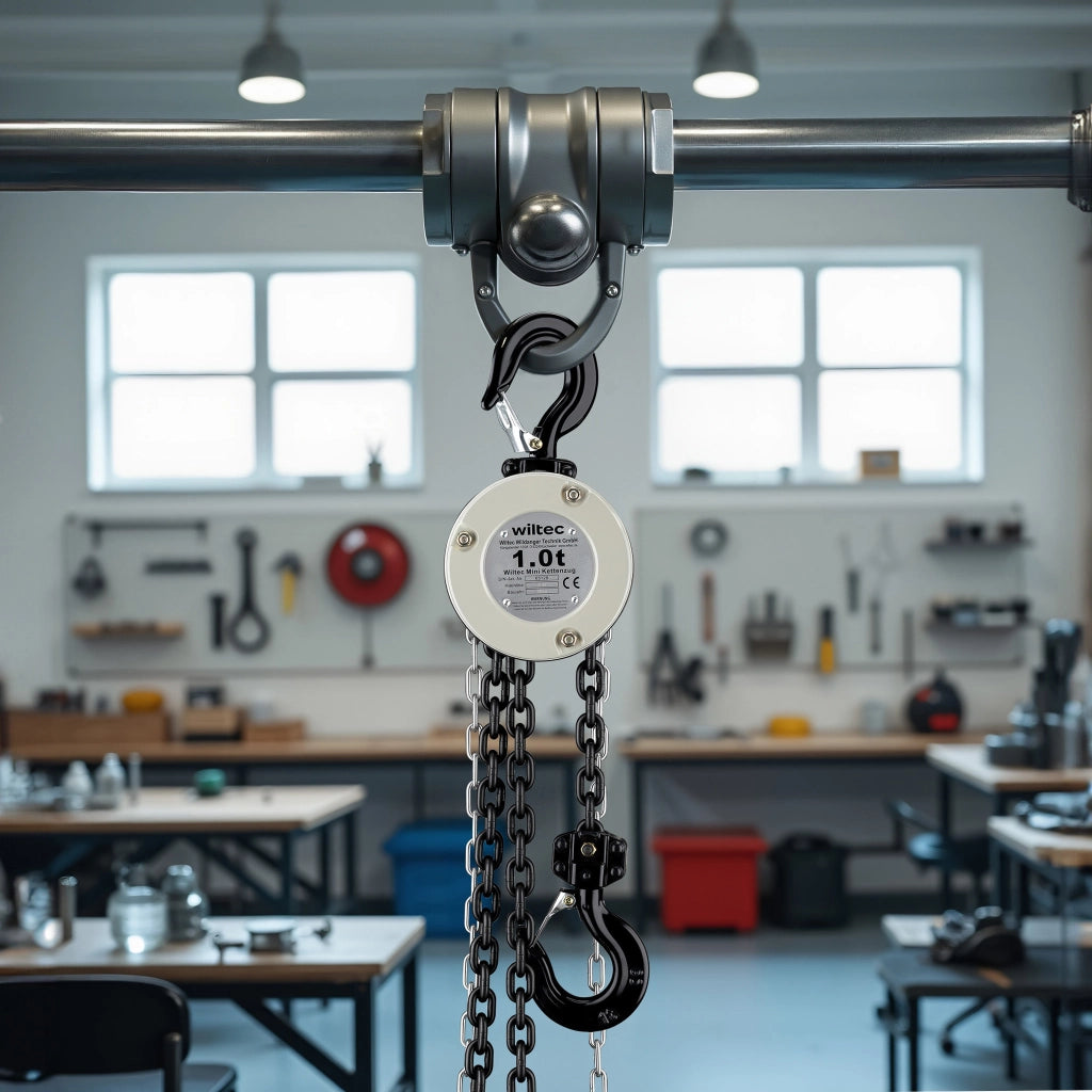 Mini paranco a catena manuale VSK-1, capacità di carico 1 t, altezza di sollevamento 3 m, per sollevare e abbassare carichi pesanti in officine, magazzini e cantieri, per impieghi gravosi