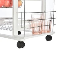 Carrello da Cucina Salvaspazio in Legno Bianco, Portavivande con 1 Piano di Lavoro 1 Cassetto e 4 Cestelli Metallici, 47x37x83cm