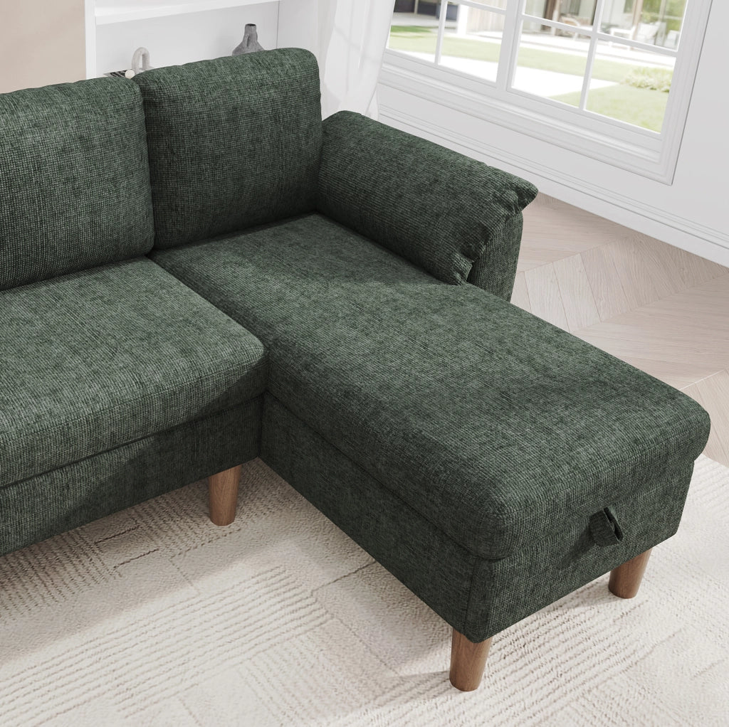 Divano angolare modulare 3 posti con chaise longue contenitore; USB/Type-C; verde