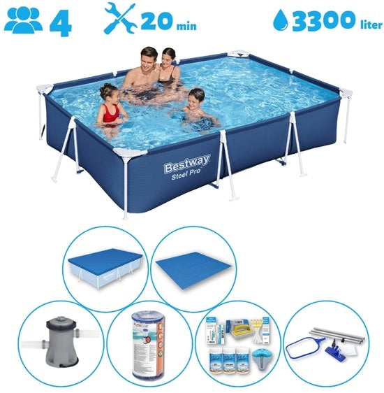 Piscina Inflabile Quadrata - 300 x 201 x 66 cm - Blu - Inclusa Pompa - Filtro - Kit Manutenzione - Teli da Terra - Copertura - Kit Pulizia