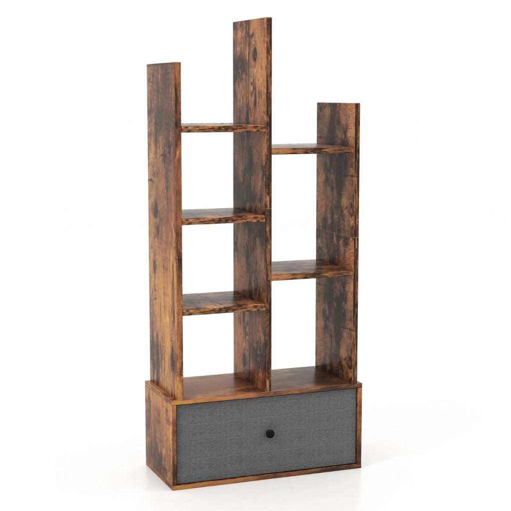 Libreria a 7 piani con cassetto 7 scomparti, Libreria espositiva in legno da 118 cm per soggiorno Marrone-Librerie