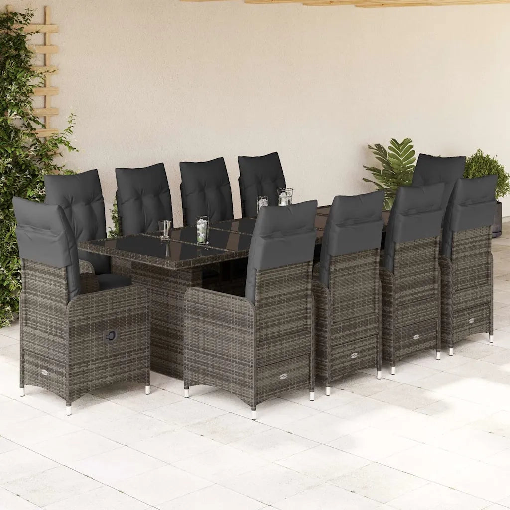 Set BistrÃ² da Giardino 11 pz con Cuscini in Polyrattan Grigio