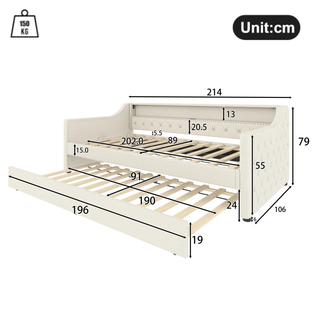 Letto singolo 90x200 cm con letto estraibile; LED e USB in lino e MDF beige