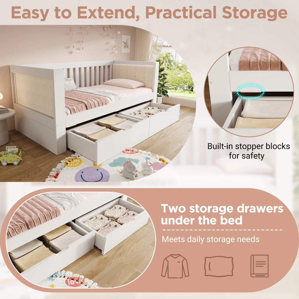DESMIU Letto singolo 90 × 200 cm con 2 cassetti, schienale e braccioli, senza materasso, in legno bianco