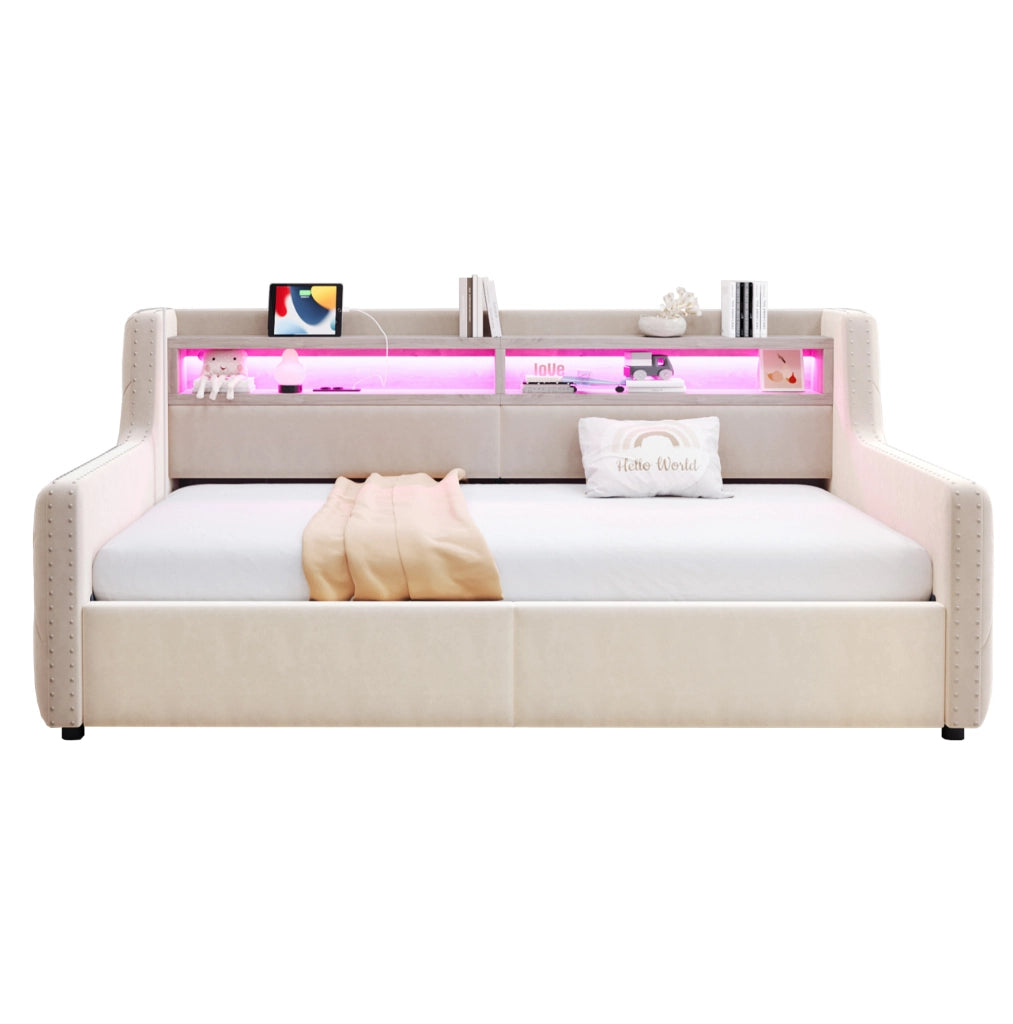 Letto imbottito 90x200 cm con contenitore, LED e testiera multifunzione