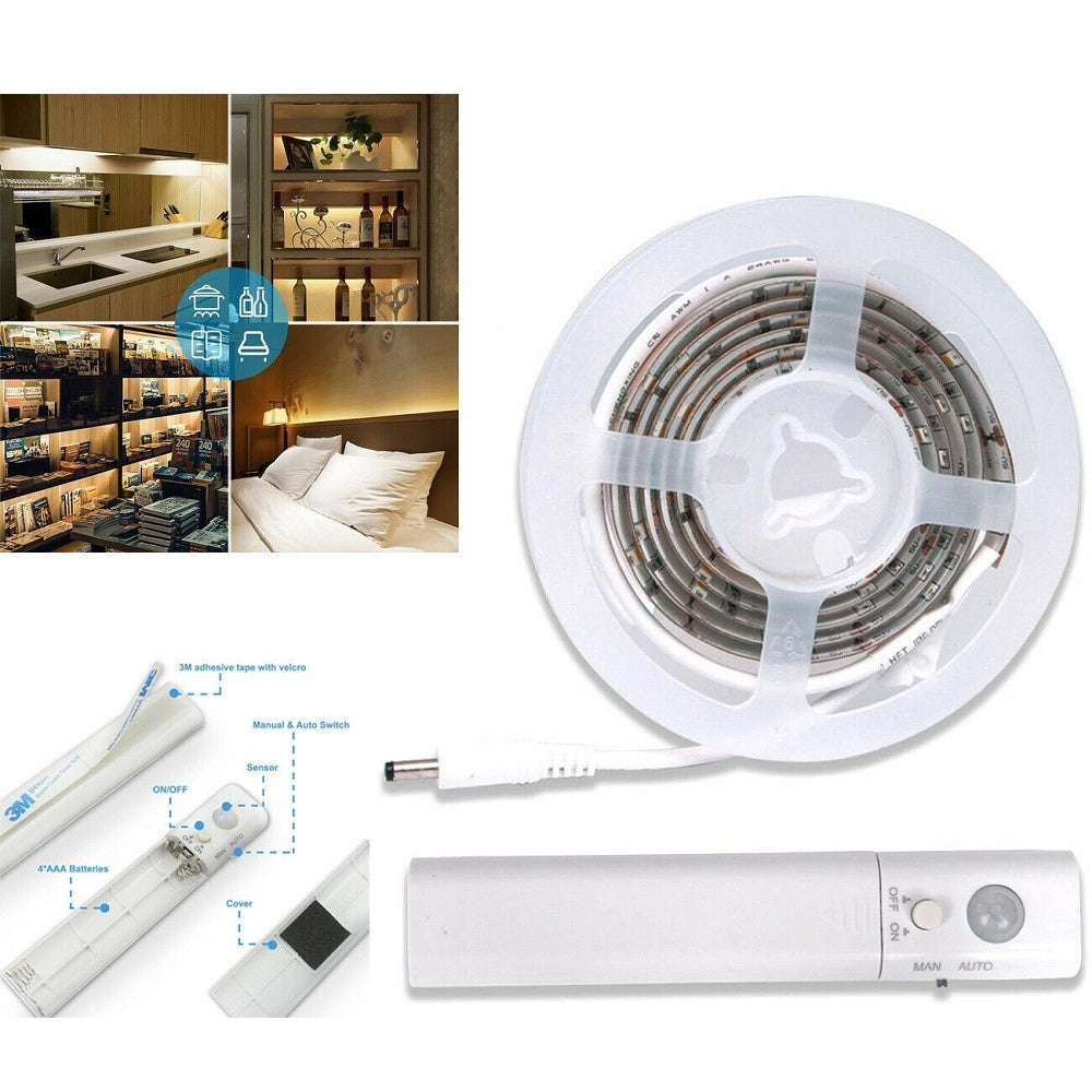 Trade Shop - Striscia Led Con Sensore Di Movimento Luce Bianca 6000k 1mt Armadi Letto -