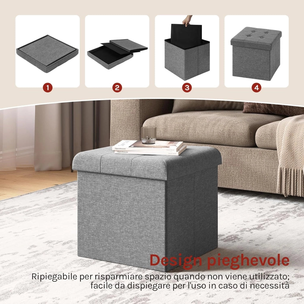 Sedia a Cubo Pieghevole Pouf Cassapanca Poggiapiedi Panche Contenitore con Coperchio Rimovibile MDF Oxford Lino Grigio Chiaro