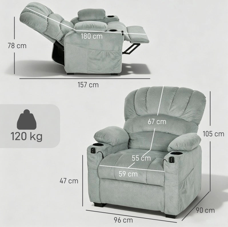 Poltrona relax elettrica grigia con USB e 2 memorie