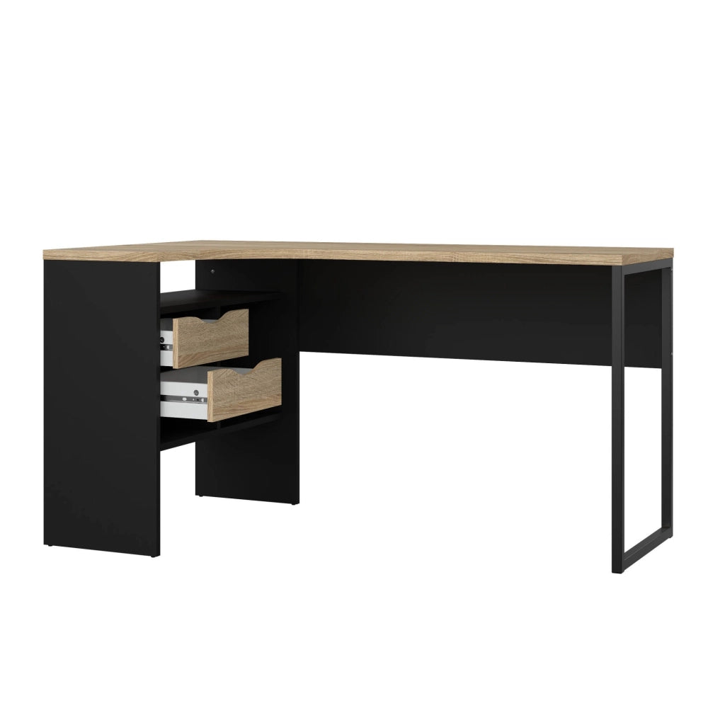 Scrivania Moire, Scrittoio multiuso, Tavolo per ufficio porta PC, Piano di lavoro, 145x81 h77 cm, Nero e Quercia