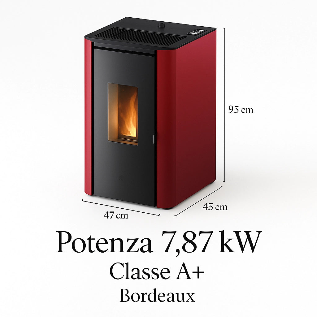 Stufa pellet roxy 7,87 kw colore bordeaux volume riscaldabile 180 m³ classe a+