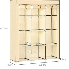 Armadio in tessuto beige con 8 ripiani e appenderia, 125x43x162,5 cm, struttura in acciaio, pieghevole e salvaspazio