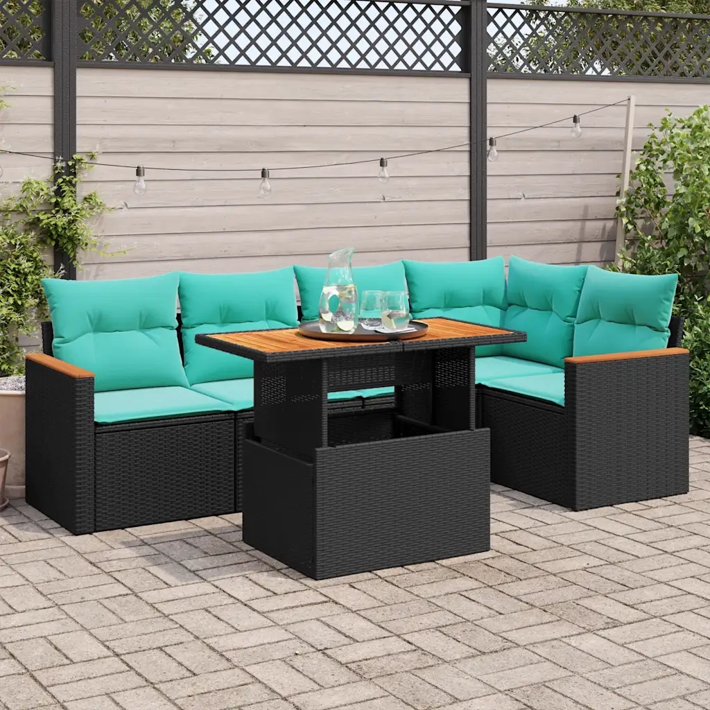 Set Divano da Giardino 6 pz con Cuscini Nero in Polyrattan