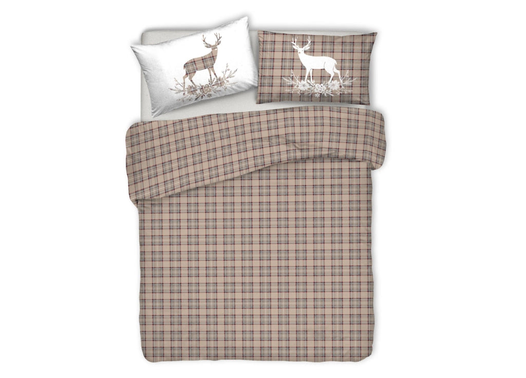 Copripiumino Sacco Piumone Pensieri Delicati 100% Cotone Dis. Cervo Tartan - Matrimoniale - Beige