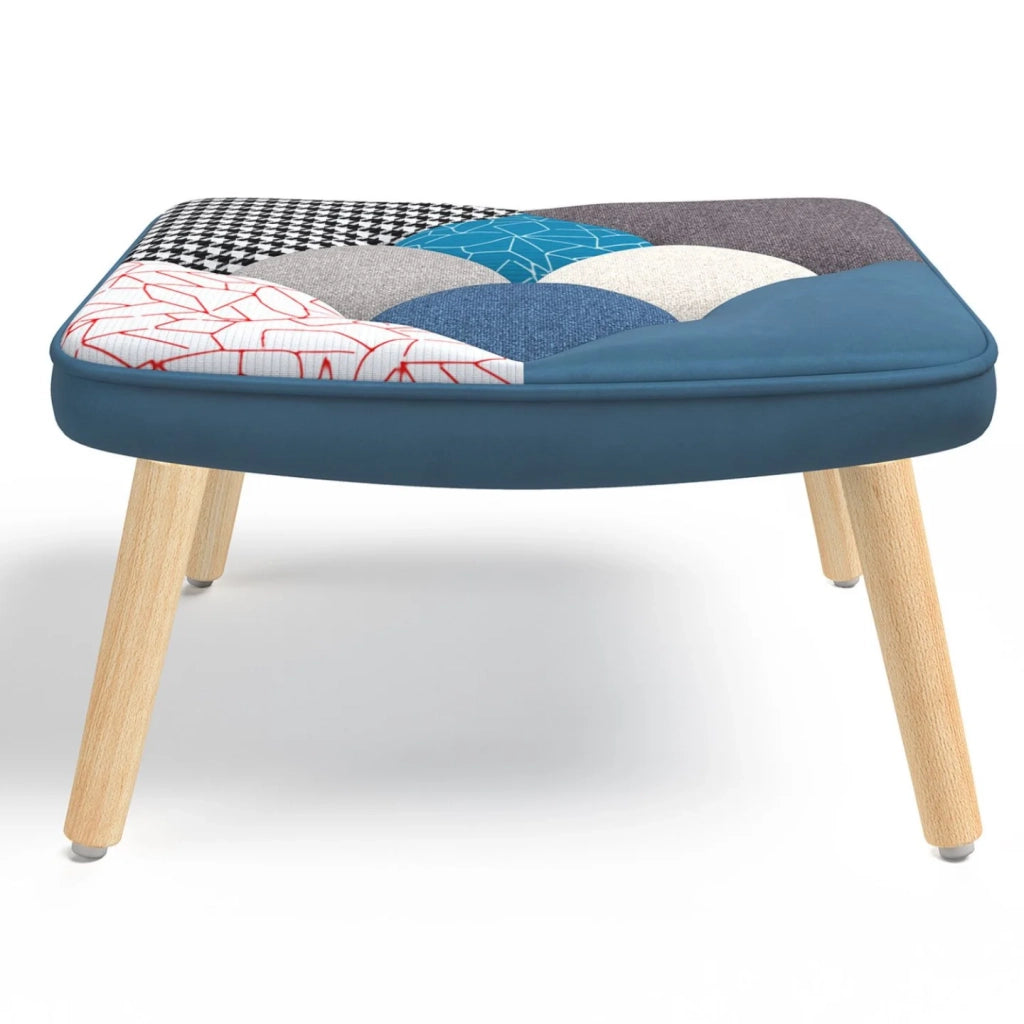 IDMarket - IVAR Poltrona scandinava con poggiapiedi in tessuto patchwork e velluto blu