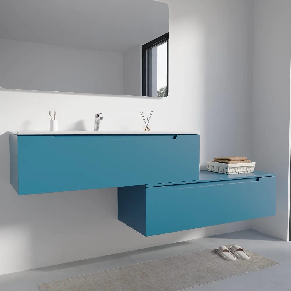 Mobile bagno sospeso modulare 100 cm dusk blue opaco due cassetti con lavabo | Bako