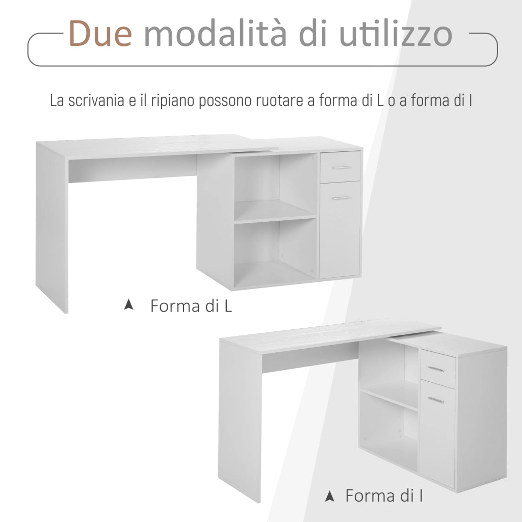 EasyComfort Scrivania Angolare con Libreria Scaffale in Legno Bianco, Tavolo da Pranzo con Rotazione a 360°, 173x39.8x74 cm