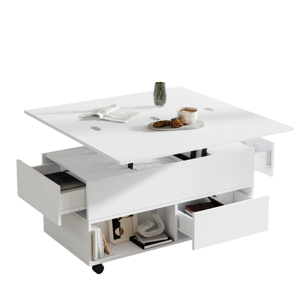 Tavolino da salotto regolabile in altezza, multifunzionale 3 in 1 con 4 cassetti, ruote e vano contenitore, bianco, 100x50x52 cm