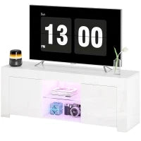 Mobile TV con Illuminazione LED, 2 Porte Armadio, Ripiano in Vetro, Passacavi, per Soggiorno, Truciolato, Bianco