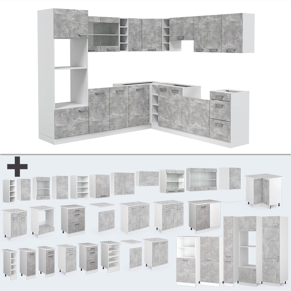 Cucina angolare completa R-Line Calcestruzzo/Bianco 247 x 237 cm, PL Rovere Vicco