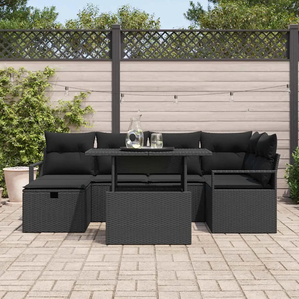 Set Divano da Giardino con cuscino 7 pcs Nero Poly Rattan