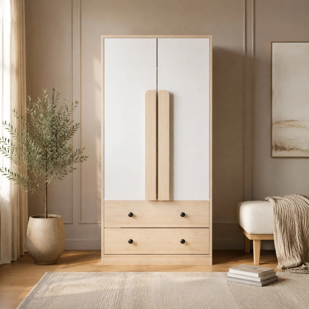 Armadio a doppia anta 70 x 40 x 170 cm con 2 cassetti; naturale e bianco