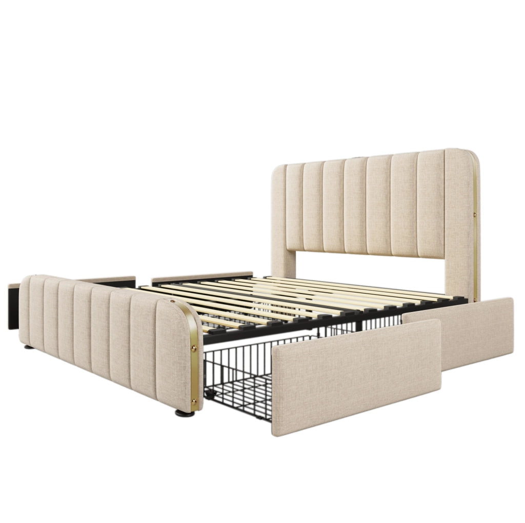 Letto matrimoniale 160x200 cm con 4 cassetti e USB C; lino beige