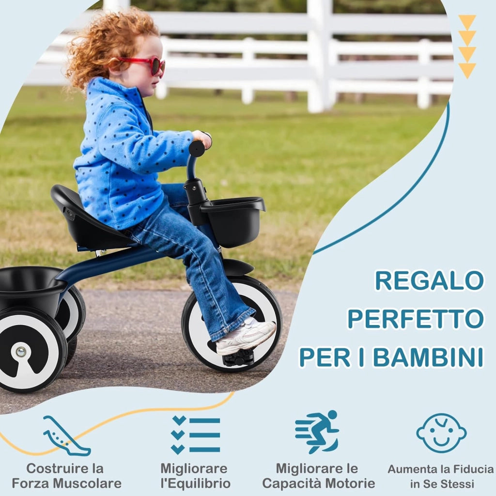 Triciclo per Bambini, Trike con Sede Regolabile Cestini Anteriori e Posteriori, Bicicletta a 3 Ruote con Telaio in Ferro Carbonioso di Alta Resistenza, per Bambini 1,5-5 Anni (Blu)