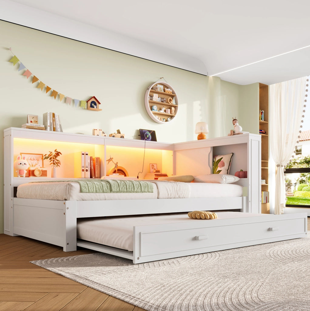 Divano letto estraibile 90x200 cm con LED, USB e presa, bianco