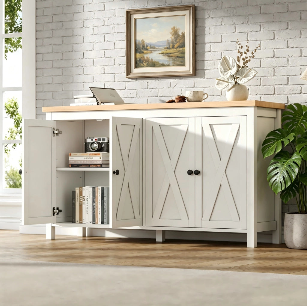 Credenza bianca 140x40x78 cm in MDF con 4 ante e ripiani regolabili