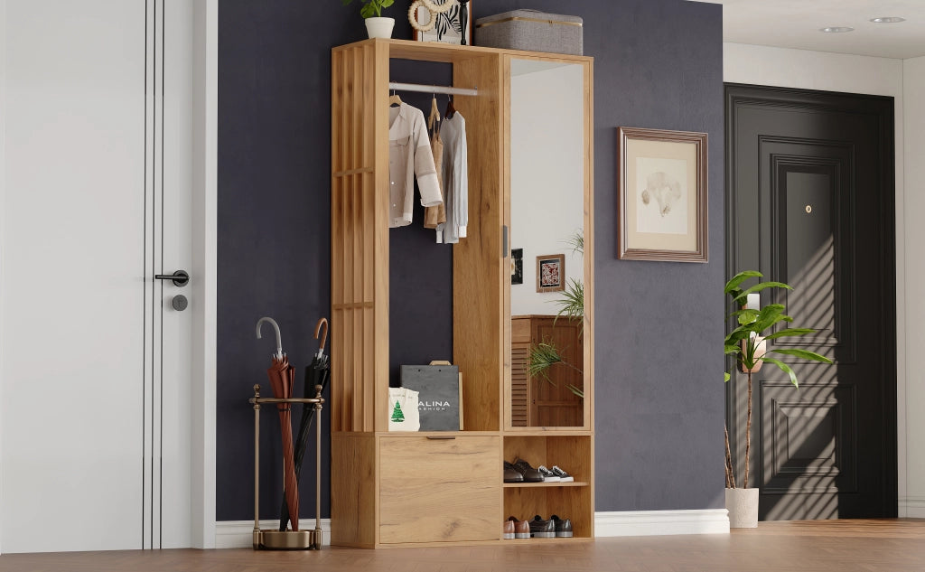 Mobile Ingresso con Specchio Guardaroba in Legno Naturale 100 cm