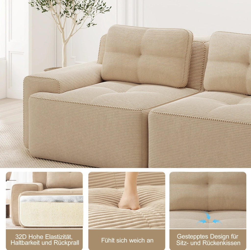 Divano modulare 4 posti con chaise longue a U 382x177x69 cm in corduroy beige