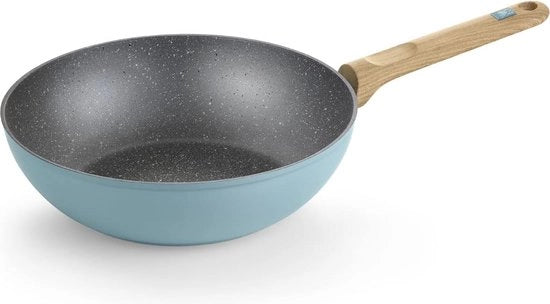 Wok in acciaio inossidabile da 28 cm, con rivestimento antiaderente, adatto a tutti i tipi di fornelli, inclusi quelli ad induzione.