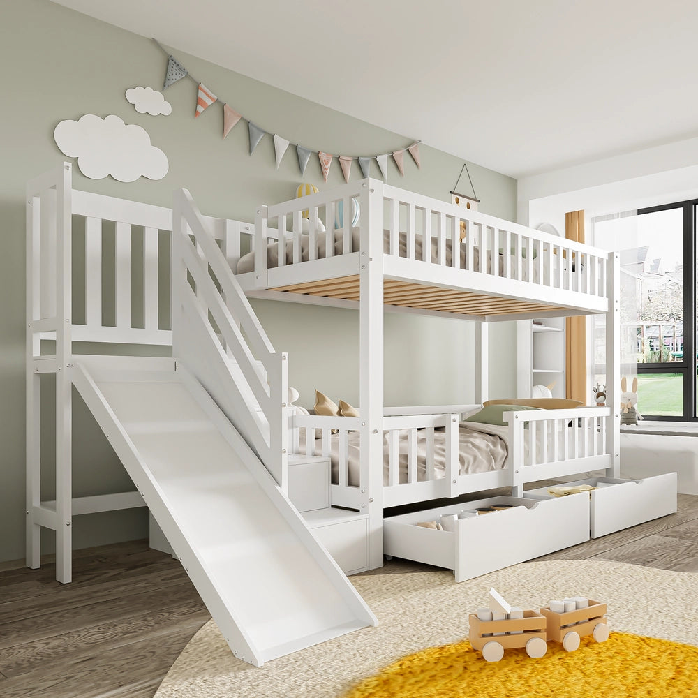 Letto a Castello per Bambini con Scivolo, Cassetti e Porta Magnetica ¨C MINIMAL ¨C Massello Bianco 90x200
