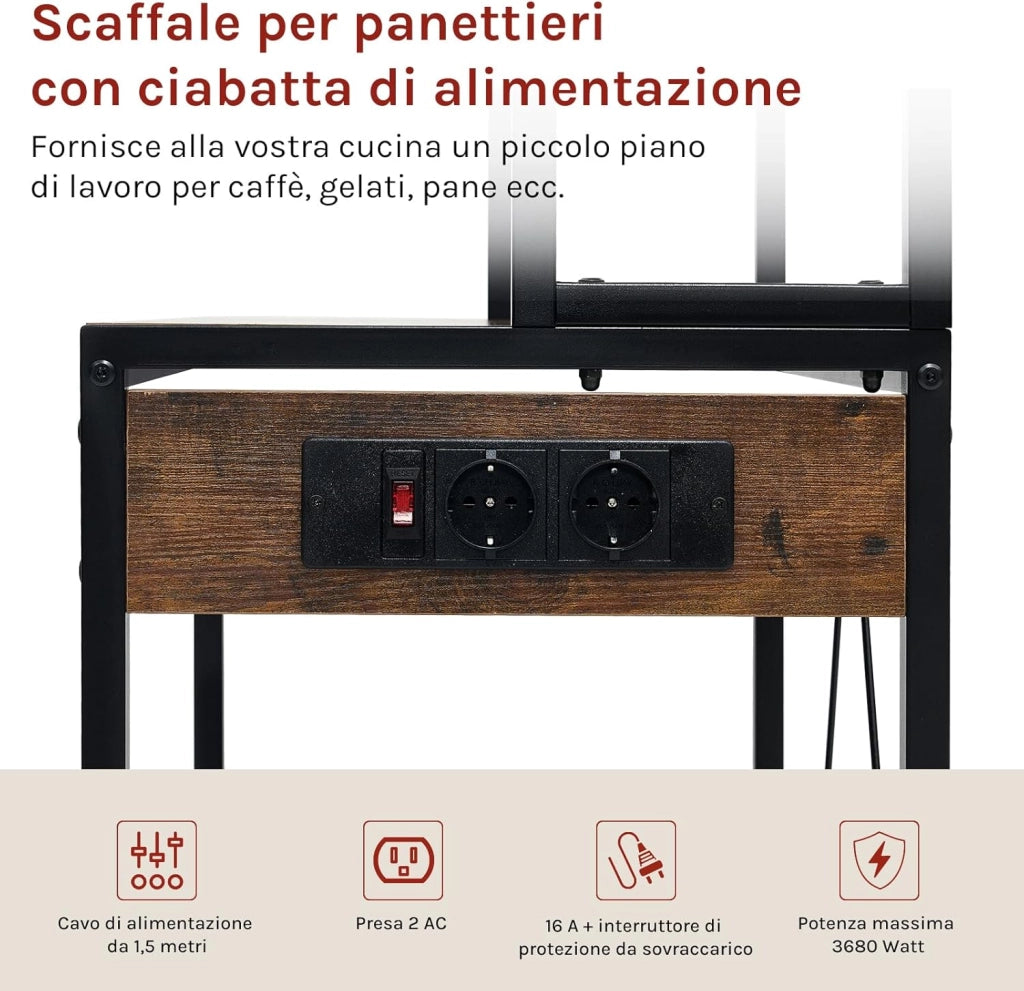 Scaffale da Cucina a 6 Livelli con Prese di Corrente, Scaffale per Microonde con Struttura in Metallo e Piano di Lavoro Aperto, Nero+Marrone Rustico, 60x39,5x167cm