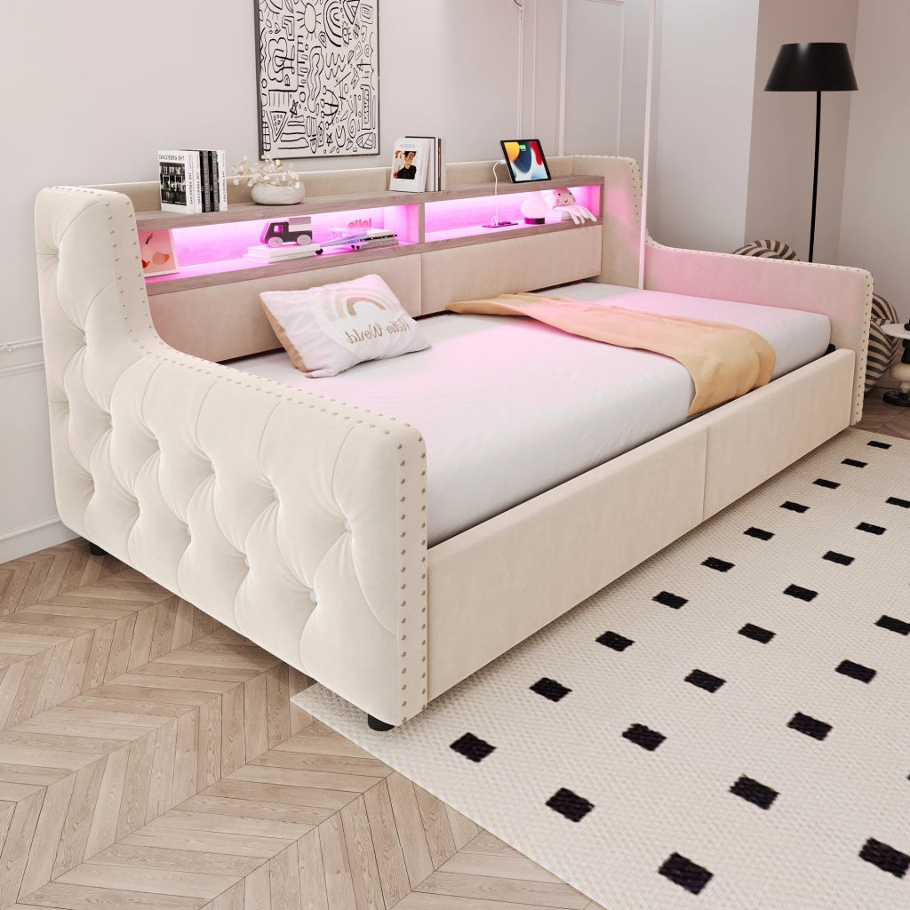 Divano letto imbottito 90 x 200 cm con contenitore idraulico, rete a doghe e LED, beige
