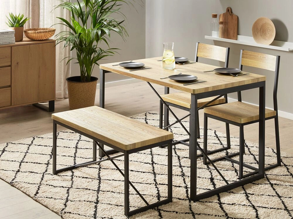 Set da pranzo Piano in legno chiaro Struttura in acciaio Nero Tavolo rettangolare 110 x 70 cm 4 posti con 2 sedie e panca