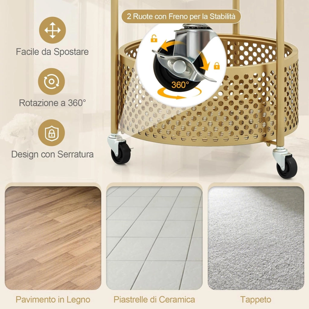 Tavolino da Caffè in Vetro, Tavolino Laterale a 2 Piani con Ruote, Motivo ad Orso, Cestino e Struttura in Metallo, Tavolino per Soggiorno, Camera da Letto e Studio (Oro)