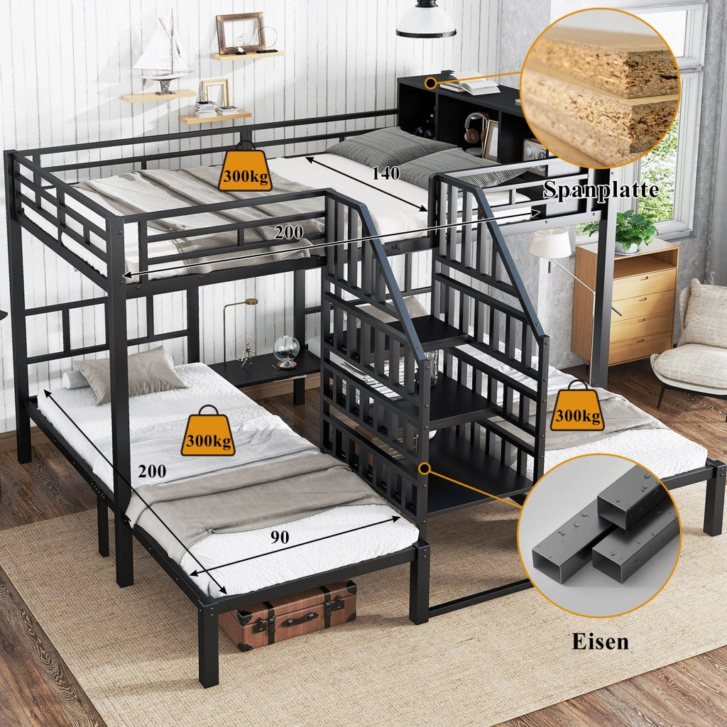 LETTO A CASTELLO 239x208x161 cm Nero in Metallo e Legno, 3 posti
