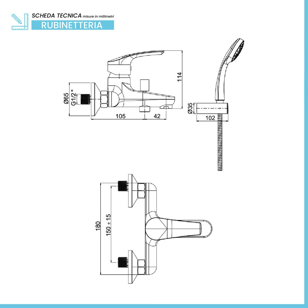 Miscelatore vasca esterno cromato con kit doccia New Berry di Paini Rubinetterie