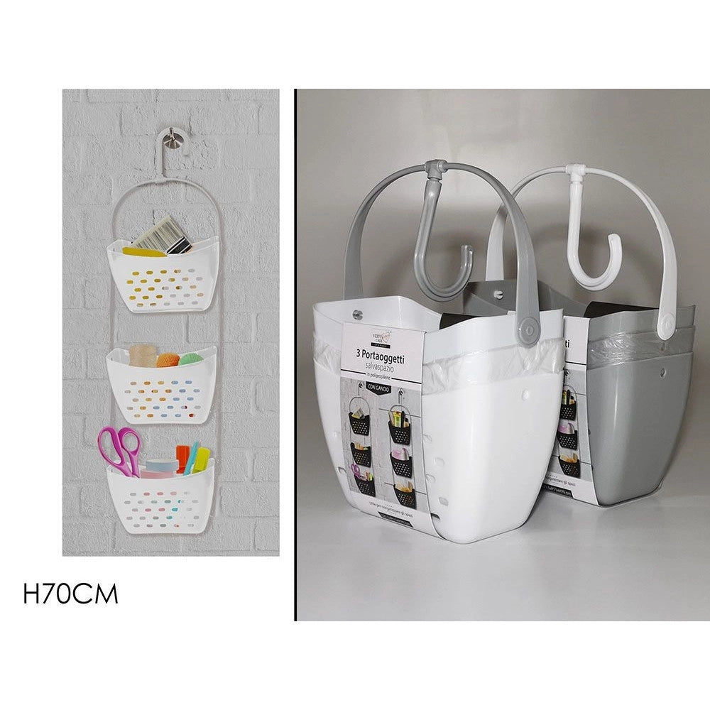 Trade Shop - Portaoggetti Con Gancio 3 Contenitori Salvaspazio Cestino Bagno Sospeso In Plastica 70 Cm -