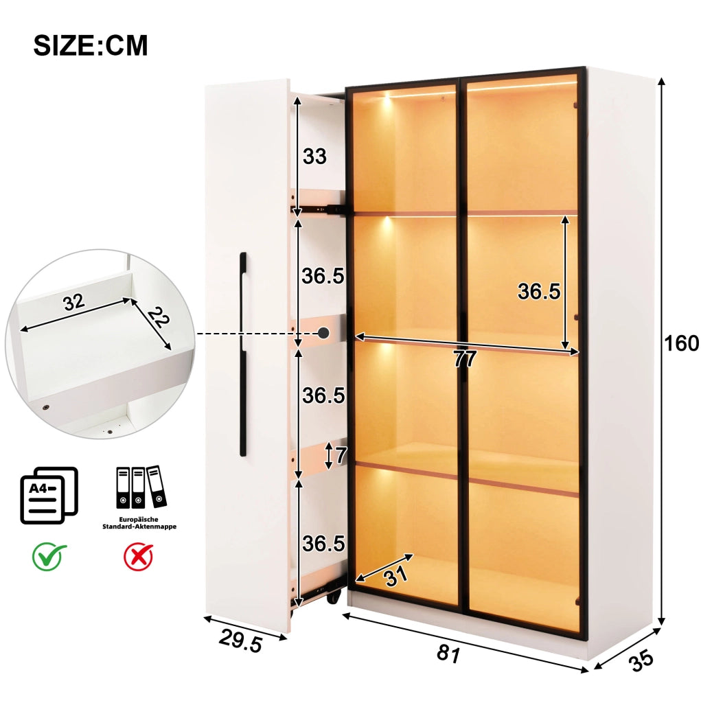 Vetrina LED 110，5x35x160 cm in MDF bianco con vano laterale