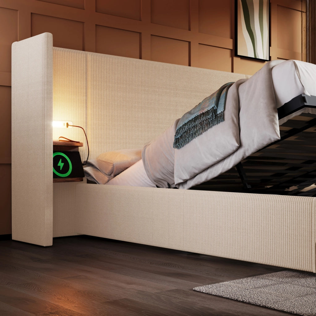 Letto matrimoniale 160x200 beige con contenitore, luce e ricarica USB