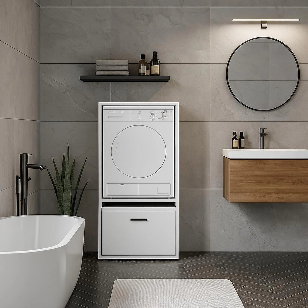 Mobile Per Lavatrice Asciugatrice Armadio Mobiletto Bagno Mobili Salvaspazio Con Cassetto E Mensola Allungabile Scaffale In Legno Armadietto Per Lavanderia Coprilavatrice 70 x 146 x 64 Cm Bianco