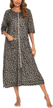 Cappotto da Casa per Donna con Cinturino di Ferro Anteriore, Maniche Corte, Lunghe Maniche, Cotone Soffice, Cappotto da Camera con Tasche, Pelle di Leopardo, 50%