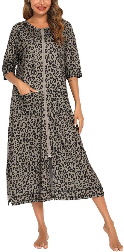 Cappotto da Casa per Donna con Cinturino di Ferro Anteriore, Maniche Corte, Lunghe Maniche, Cotone Soffice, Cappotto da Camera con Tasche, Pelle di Leopardo, 50%