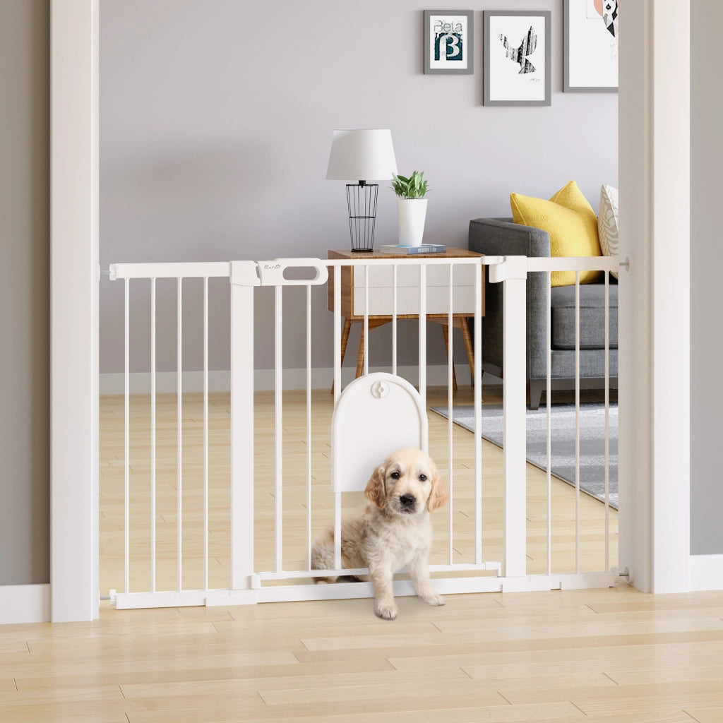 Cancelletto Estensibile per Cani con Porta Automatica ¨C zephmum ¨C Bianco, Metallo e ABS, 75-131x76 cm