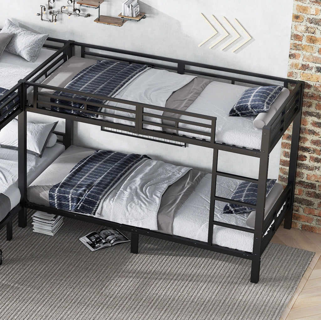 Letto a castello ULEVR 90x200 e 140x200 cm in ferro nero con rete a doghe e scala a 3 gradini